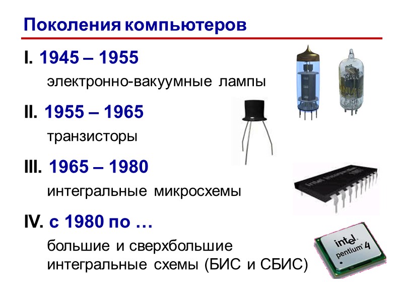 I. 1945 – 1955 электронно-вакуумные лампы II. 1955 – 1965 транзисторы III. 1965 I. 1945 – 1955 электронно-вакуумные лампы II. 1955 – 1965 транзисторы III. 1965